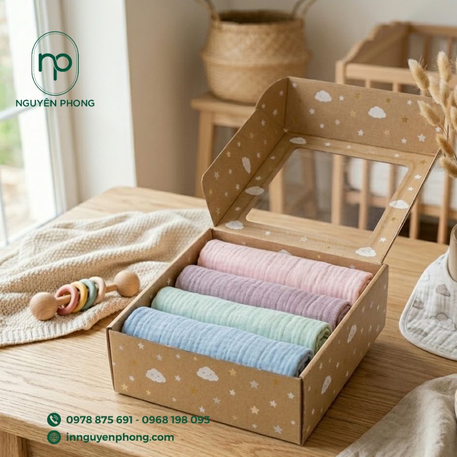 in hộp đựng khăn xô, khăn sữa cho em bé